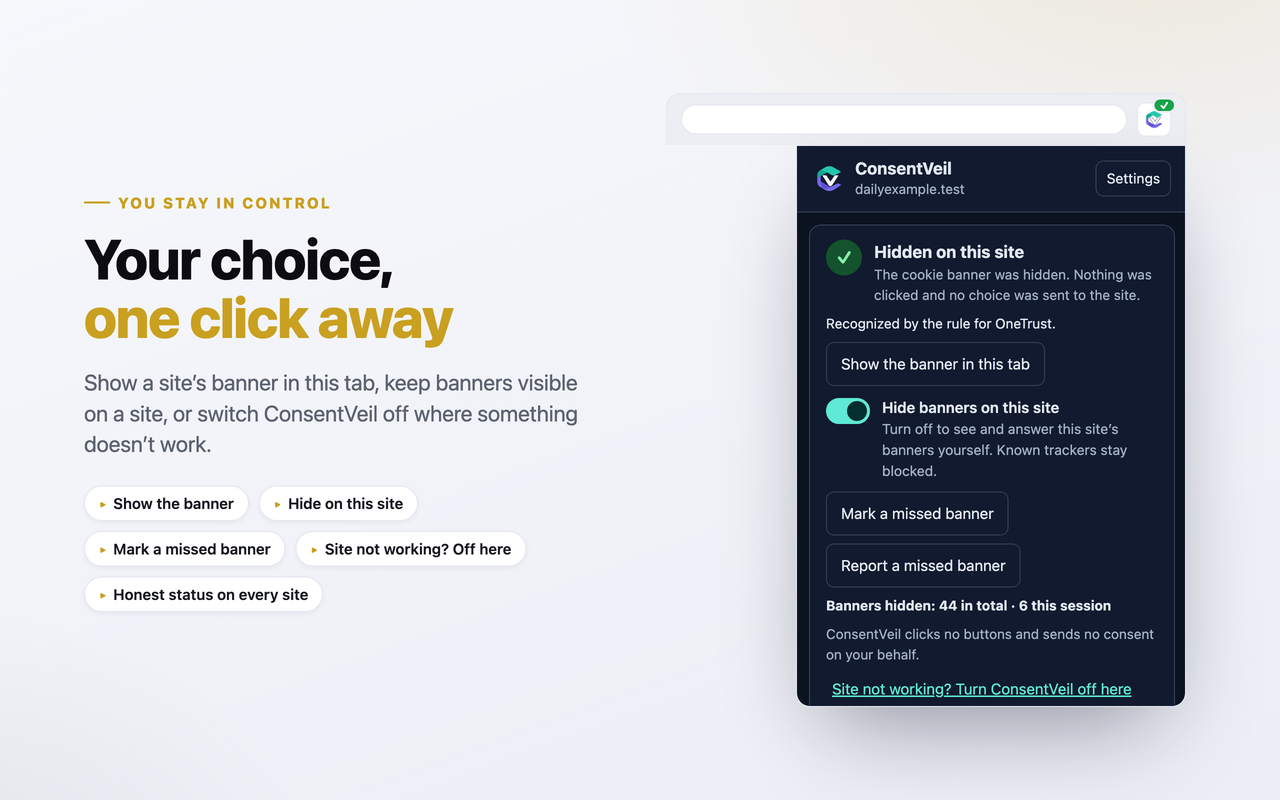 ConsentVeil popup controls: show the banner in this tab, hide banners on this site, mark a missed banner, or turn ConsentVeil off when a site is not working.